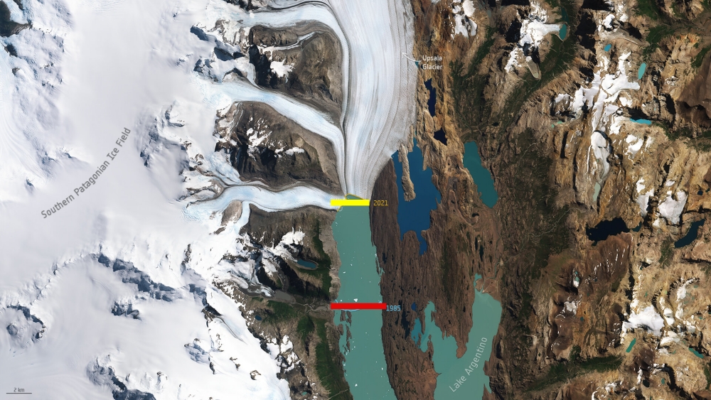 아래 빨간색 실선이 1985년 웁살라 빙하 위치. 2021년(노란색 실선) 빙하가 대거 녹아 짧아진 모습. 사진=유럽우주국(ESA)