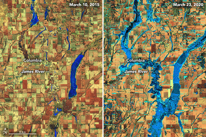 2015년 3월 10일(현지 시간, 왼쪽)과 2020년 3월 23일 홍수 비교. 수위가 파란색으로 표시되어 있다. 사진=미 항공우주국(NASA) 지구관측소