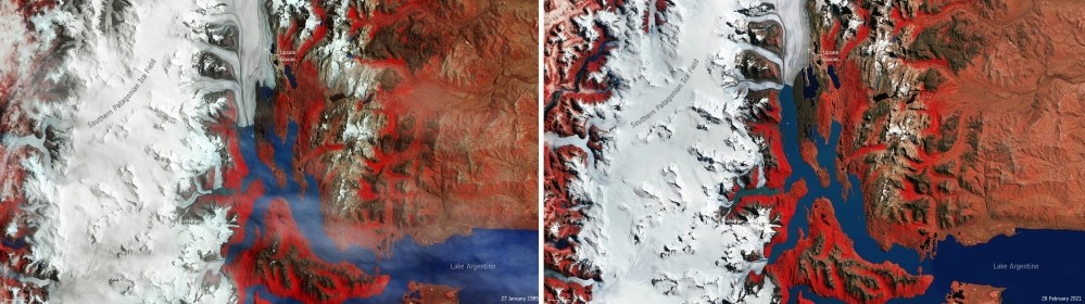 1985년 1월 27일(현지 시간, 왼쪽)과 2021년 2월 26일 웁살라 빙하 비교. 사진=미 항공우주국(NASA)/유럽우주국(ESA)