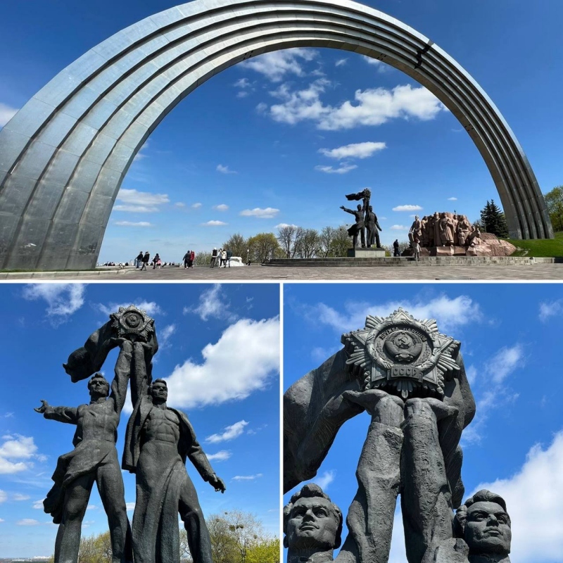 철거 전 ‘인민 우정 아치’ 아래 동상의 모습. 사진=우크라이나 의회 트위터