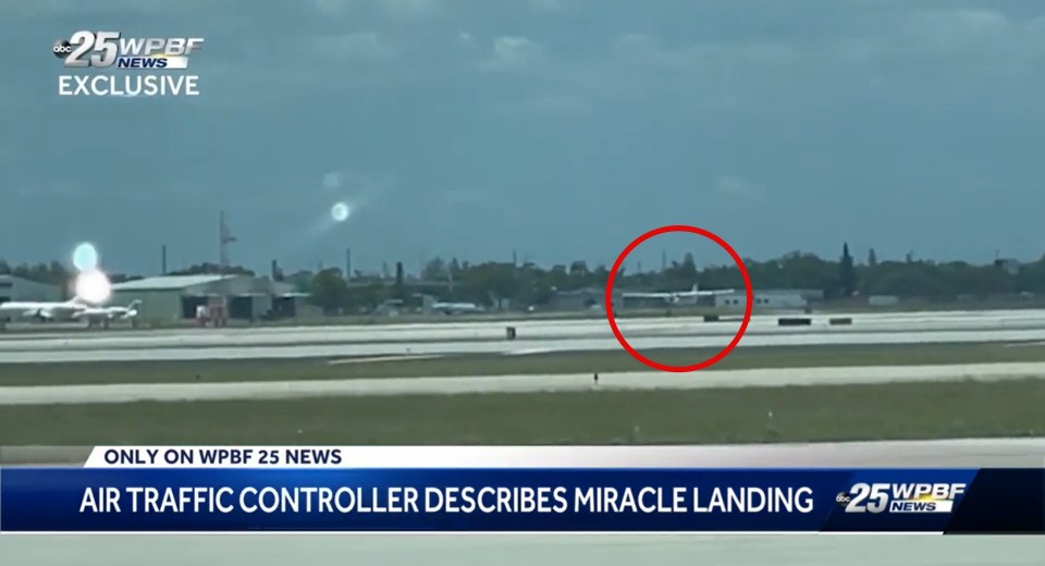 승객이 조종하는 경비행기가 팜비치 국제공항에 착륙하고 있는 모습. 사진=WPBF 방송화면 캡처