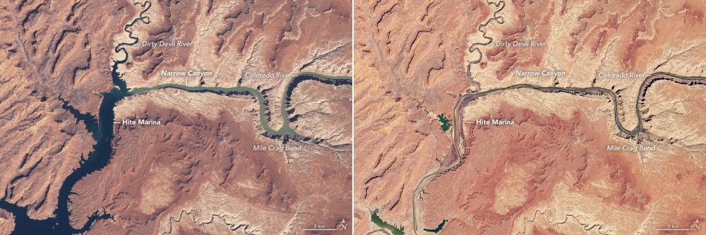 1999년(왼쪽)과 2021년 저수지 수위 비교. 사진=미 항공우주국(NASA) 지구관측소