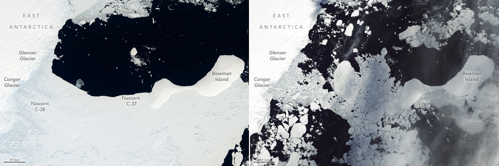 지난 1월 9일(왼쪽)과 달리 3월 23일 산산조각으로 부서진 콩거 빙붕. 사진=미 항공우주국(NASA) 지구관측소