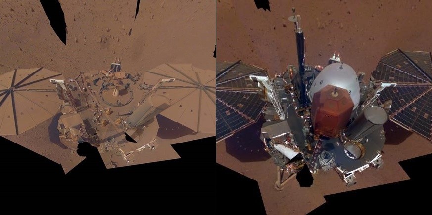 지난 24일(현지시간) 촬영한 인사이트의 마지막 셀카(왼쪽)와 지난 2018년 화성 착륙 직후 촬영한 첫번째 셀카. 사진=NASA/JPL-Caltech
