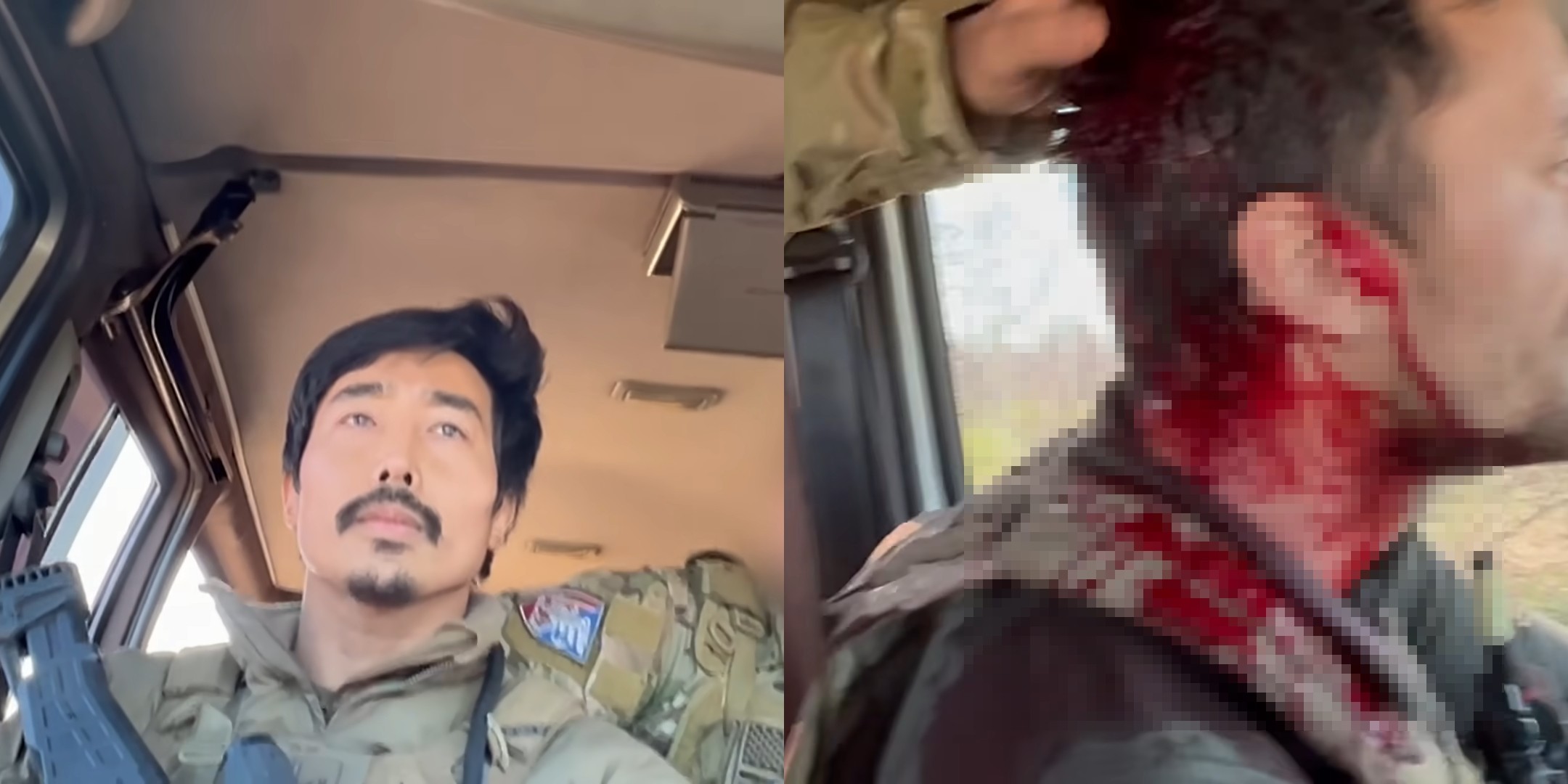 우크라이나 국제 의용군으로 참전했던 이근 전 해군특수전전단(UDT/SEAL) 대위가 실제 작전 중 촬영한 영상을 공개했다. (오른쪽) 이근 옆자리에 운전 중인 팀원이 부상을 당한 모습. 유튜브 'ROKSEAL' 캡처
