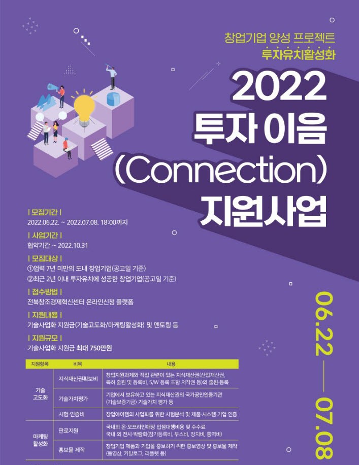 전북창조경제혁신센터 투자 이음(Connection) 지원사업 참여기업 모집 포스터.