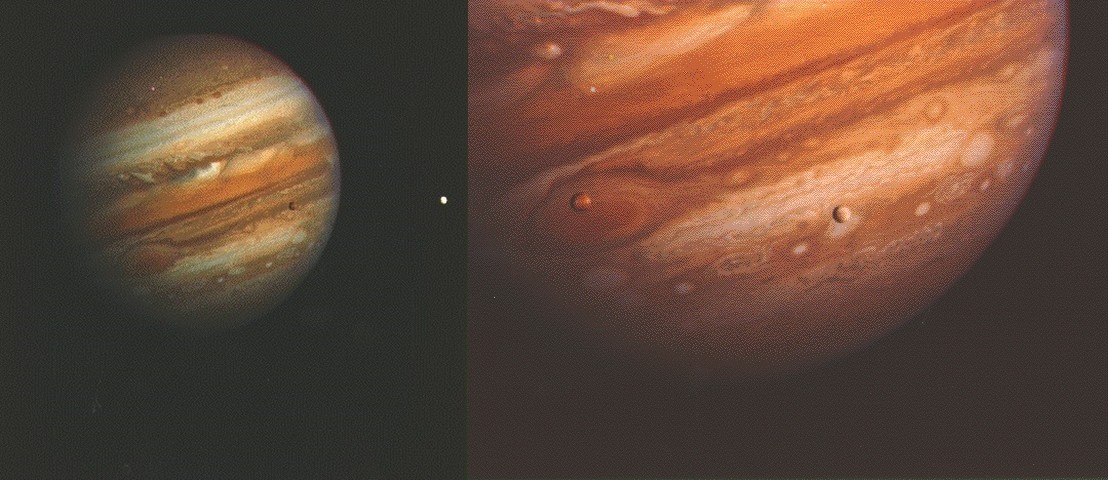A Voyager capturou Júpiter e duas luas.  Foto: NASA/JPL