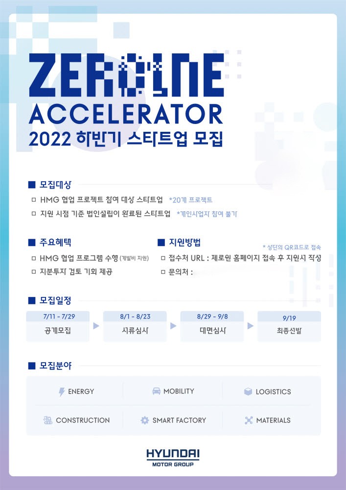 현대차그룹이 제로원 액셀러레이터의 2022년 하반기 스타트업을 공개 모집한다.