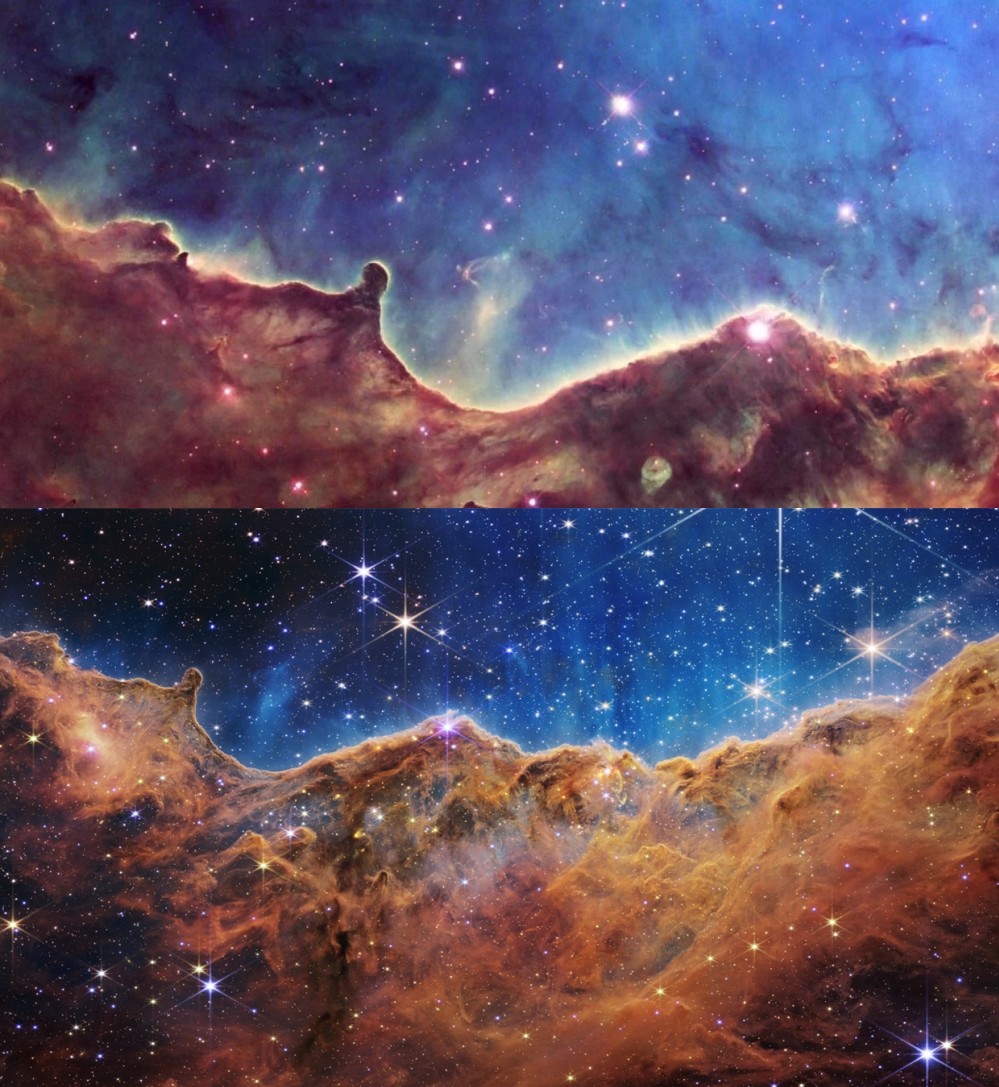 허블 우주망원경(위)과 제임스 웹 우주망원경으로 각각 촬영한 용골자리성운. 사진=NASA/ESA/CSA/STScI