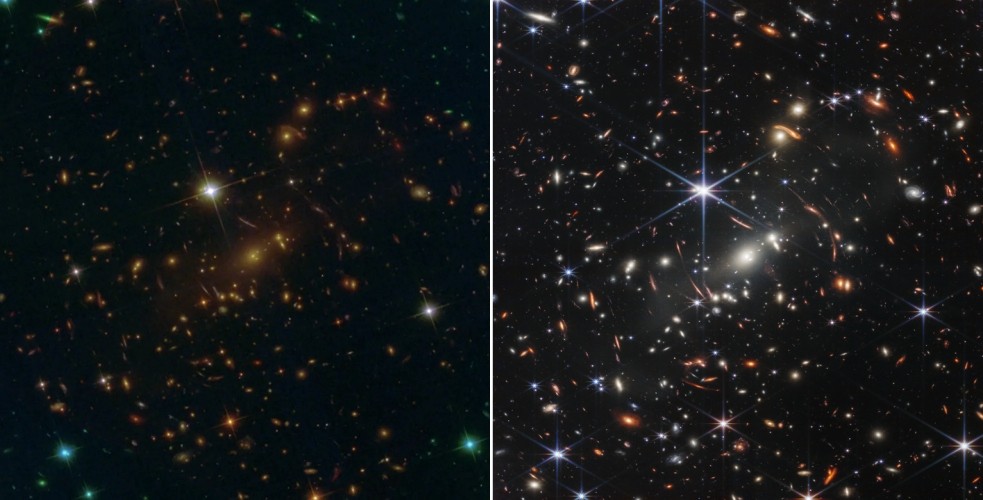 전날 조 바이든 미국 대통령이 공개한 ‘SMACS 0723’ 은하단. 중력 렌즈 역할을 하며 뒤에 있는 별들을 확대해 보여준다. 허블 망원경(왼쪽)이 촬영한 이미지와 비교하면 희미한 빛까지 잡아낼 뿐만 아니라 촬영에 수 주가 필요한 허블과 달리 12.5시간 만에 완성했다. 사진=NASA/ESA/CSA/STScI