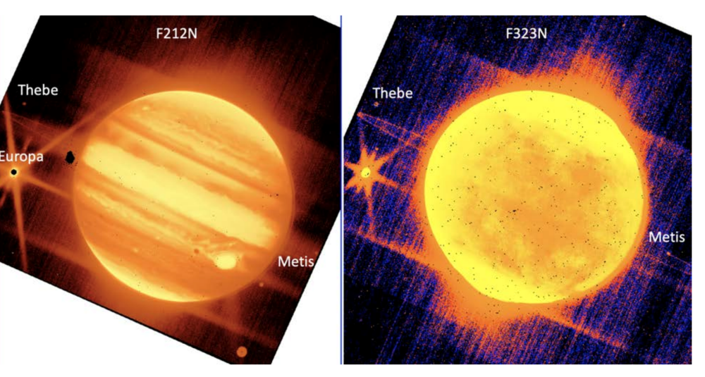 제임스 웹 우주망원경이 촬영한 목성과 위성 유로파, 테베, 메티스. 희미한 고리도 주변에 보인다. 각각 2.12 마이크론 필터(왼)와 3.23 마이크론 필터를 이용했다. 사진=NASA/ESA/CSA/STSci