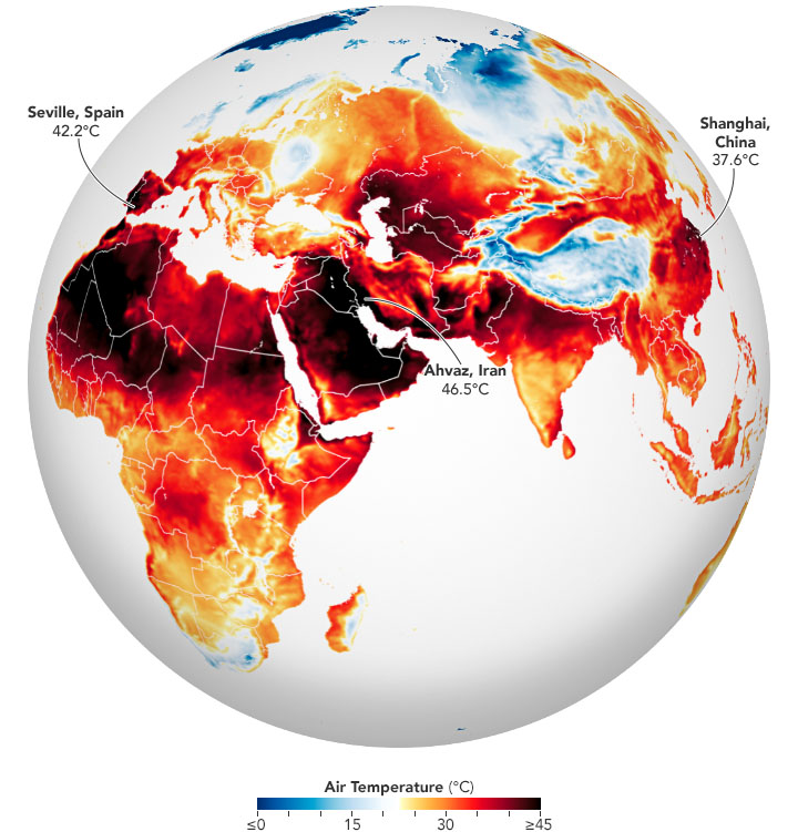 2022년 6~7월 폭염이 유럽, 북아프리카, 중동, 아시아를 강타했다. 사진=미 항공우주국(NASA) 지구관측소