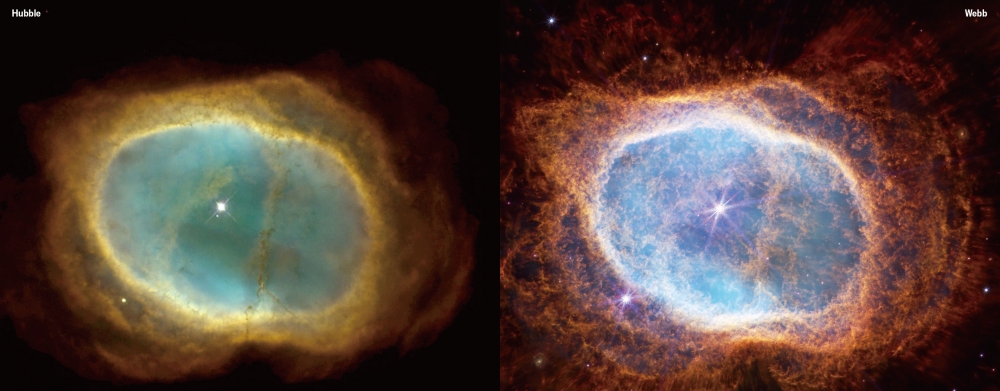 The Southern Ring Nebula imaged by Hubble (left) and James Webb.  Photo = NASA/ESA/CSA/STScI