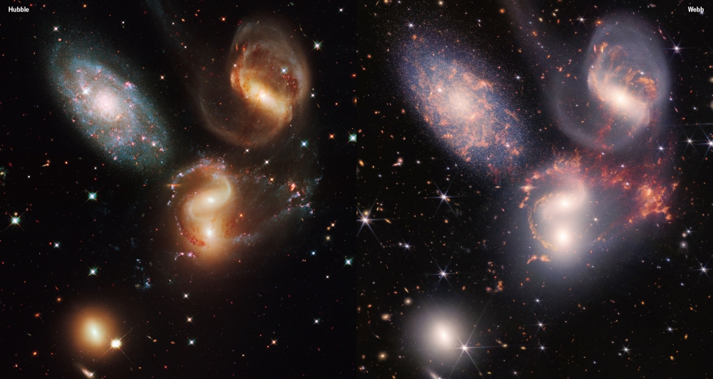 Hubble (left) and James Webb are the Stephan's quintuple galaxies.  Photo = NASA/ESA/CSA/STScI