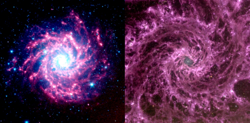 M74 comparison taken by Spitzer and James Webb.  Photo = NASA/JPL-Caltech/Gabriel Brammer
