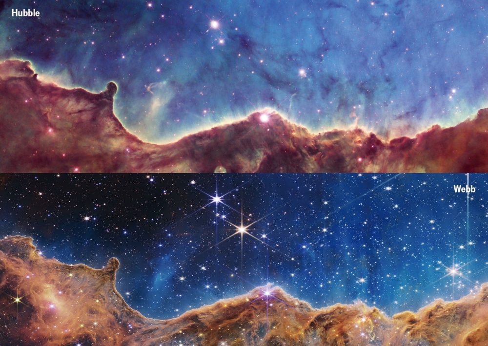 The Carina Nebula imaged by Hubble (above) and James Webb.  Photo = NASA/ESA/CSA/STScI