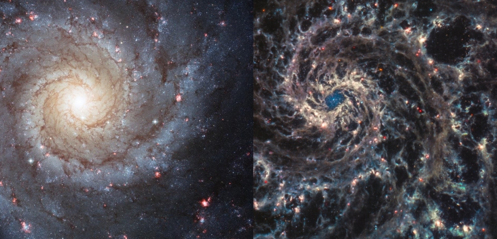 M74 comparison taken by Hubble and James Webb.  Photo = NASA/JPL-Caltech/Judy Schmidt