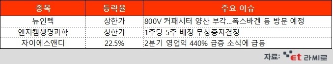 [ET라씨로] '뉴인텍' '엔지켐생명과학' 상한가 무슨 일?…오늘의 장마감 특징주