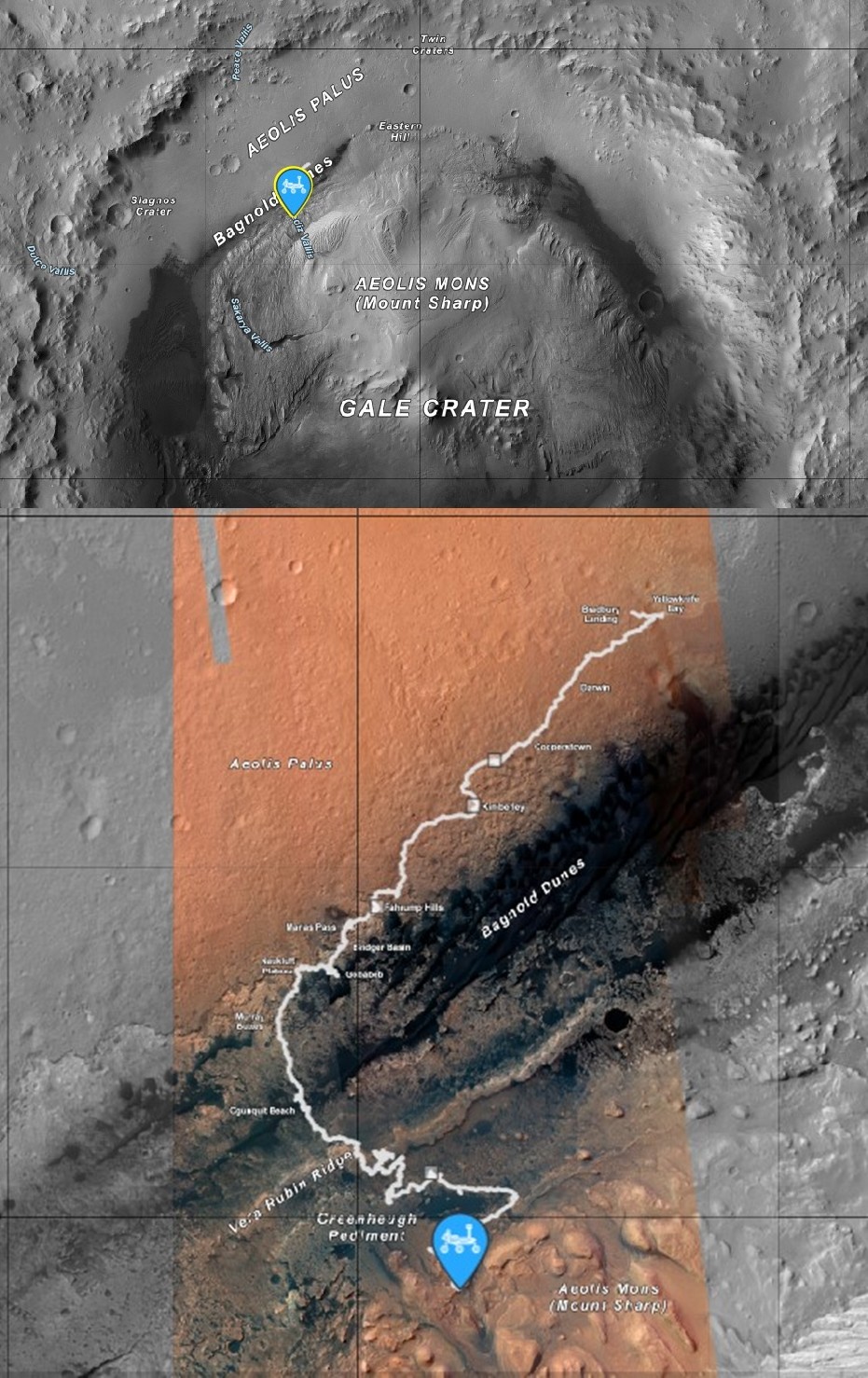 (위쪽) 화성 게일 분화구 내 큐리오시티 위치가 표시됐다. (아래쪽) 큐리오시티가 착륙부터 현재까지 이동한 경로. 사진=NASA