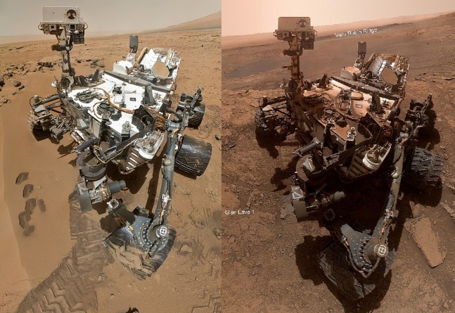 (왼쪽) 2012년 8월 6일 화성 게일 분화구에 착륙한 직후 큐리오시티의 모습 (오른쪽) 착륙 후 7년 이상이 지난 2019년 10월 11일 큐리오시티의 모습. 사진=NASA