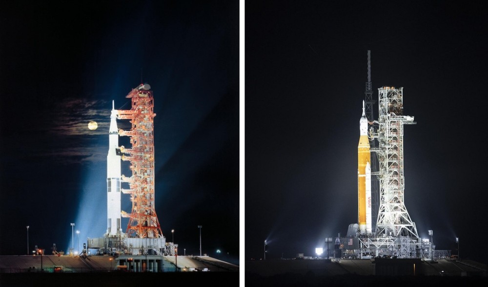 아폴로 임무(1961~1972)에 사용된 추진체 ‘새턴-V’(왼쪽)와 아르테미스 임무에 사용된 ‘우주발사시스템’(SLS). 사진=미 항공우주국(NASA)