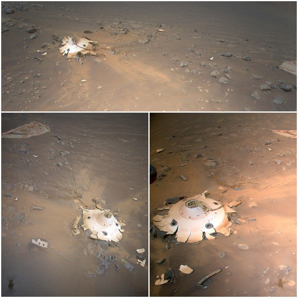 나사 로버 퍼서비어런스가 안전하게 화성 지표면에 도달할 수 있도록 보호한 백쉘과 낙하산의 모습. 사진=NASA/JPL-Caltech