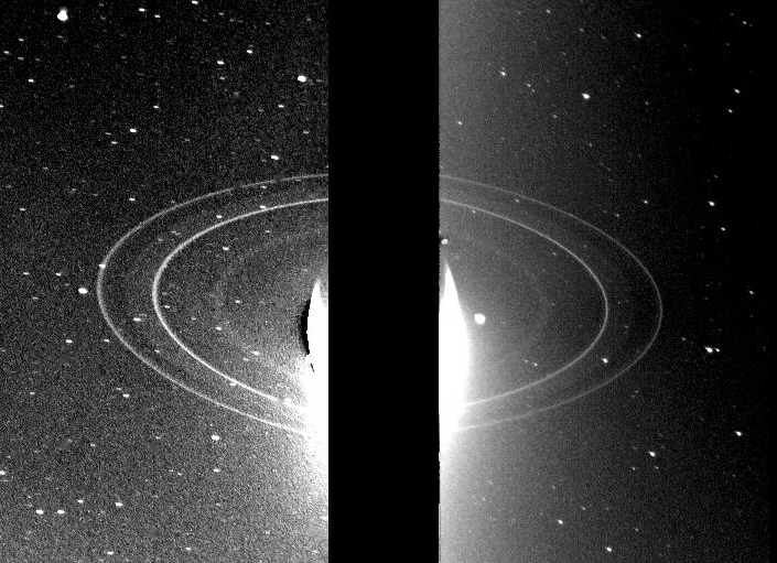 Anéis de Netuno, fotografados pela Voyager 2 em 26 de agosto de 1989 com uma exposição de 591 segundos.  foto = NASA