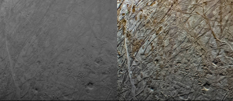À esquerda está uma fotografia em preto e branco tirada com a espaçonave Juno em 29 de setembro, e à direita uma imagem processada para tornar o terreno mais fácil de distinguir.  Imagem = NASA/JPL-Caltech/SwRI/MSSS/Navaneeth Krishnan S.
