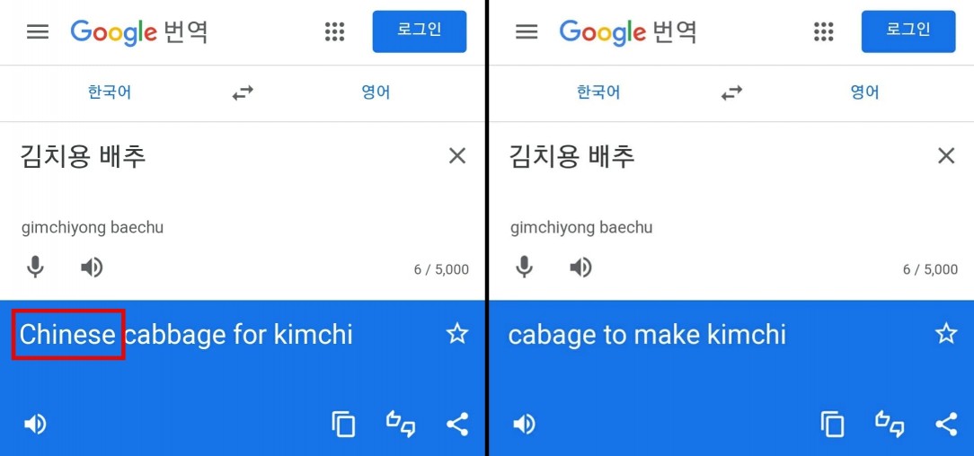 구글 번역기에서 ‘김치용 배추’ 영어 번역 수정 전(왼쪽)과 후. 서경덕 페이스북 캡처/구글 번역기