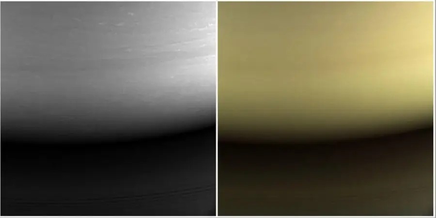 토성 탐사선 ‘카시니호’의 마지막 시야. 왼쪽 흑백 이미지를 실제 토성의 색깔로 가공했다. NASA/JPL-Caltech/Space Science Institute.