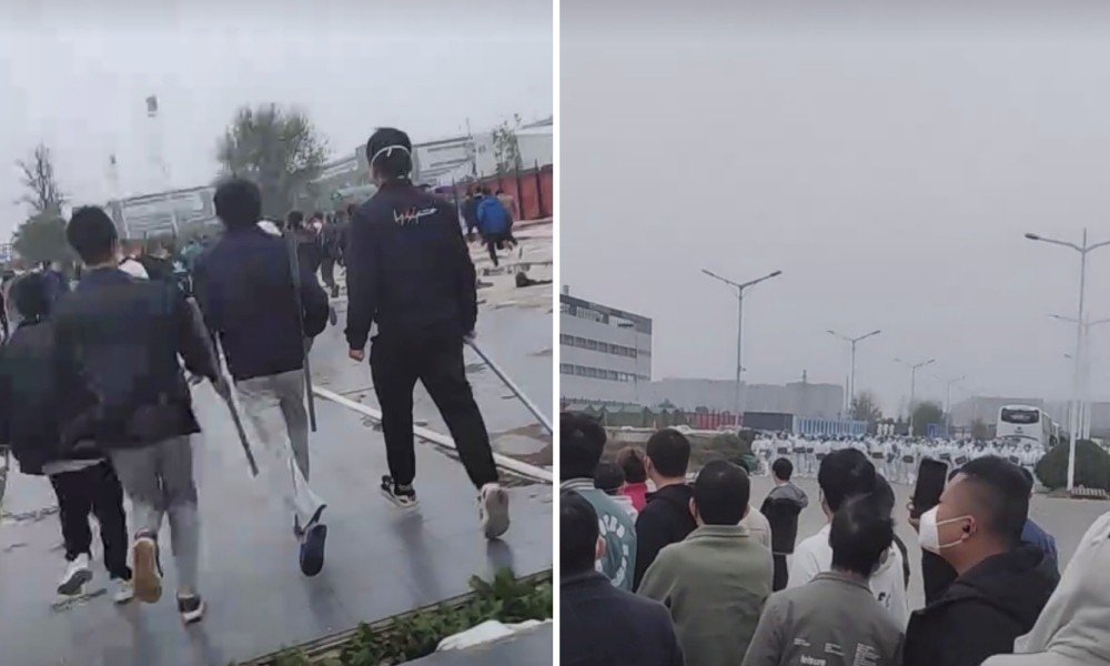 중국 정저우 폭스콘 공장 노동자 대규모 시위. 트위터 갈무리.