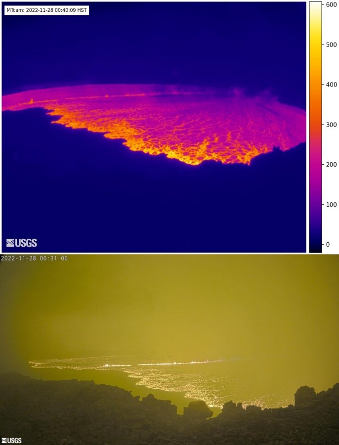 지난 27일(현지시간) 마우나 로아 정상부 ‘모쿠아웨오웨오’에서 흘러내린 용암. 미국 지질조사국(USGS)/미국 기상청(NWS) 호놀룰루