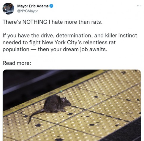 “쥐보다 싫어하는 것 없다”며 쥐 잡기 전문가 공고를 올린 미국 뉴욕시 시장 에릭 애덤스. 트위터 캡처