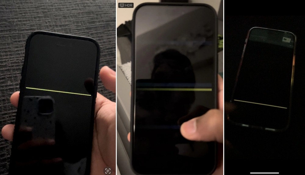 아이폰14프로와 프로맥스 모델에서 화면에 녹색줄이 나타나는 오류가 발생했다. 세 이미지 모두 다른 이용자들이 올린 것. 레딧 갈무리