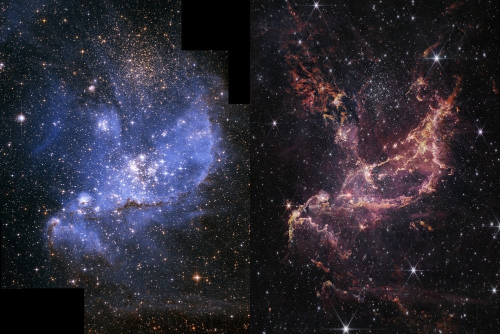 허블 우주망원경이 가시광선으로, 제임스 웹 우주망원경이 적외선으로 촬영한 NGC 346. 사진=NASA, ESA, CSA, STScI, A. Pagan (STScI), A. James (STScI)