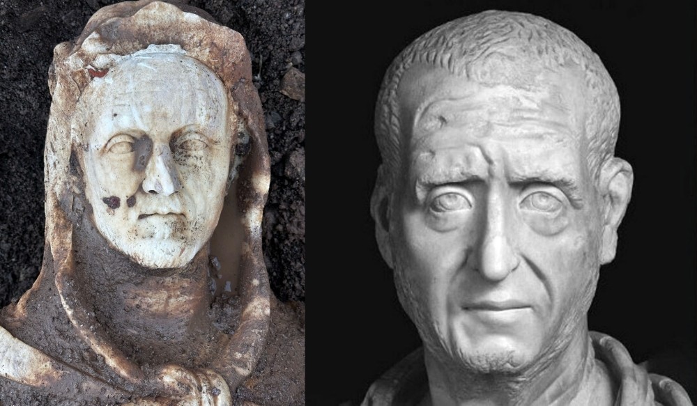 이탈리아 로마 아피아 안티카 고고학 공원에서 발견된 대리석상(왼쪽)과 로마 제국 황제 트라야누스 데키우스를 묘사한 석상. 사진=아피아 안티카 고고학 공원
