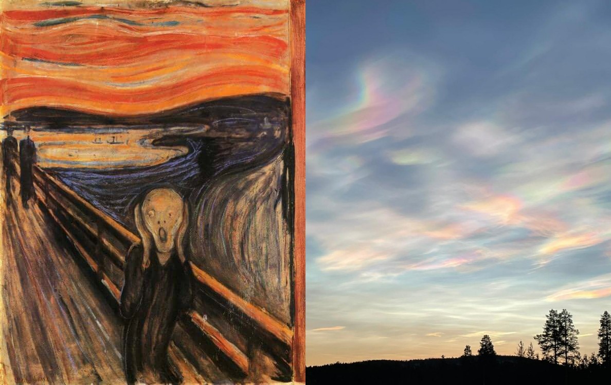 에드바르트 뭉크의 ‘절규’와 지난달 24일(현지시간) 핀란드 넬림에서 관측된 자개구름. 사진=뭉크의 '절규'/스페이스웨더닷컴