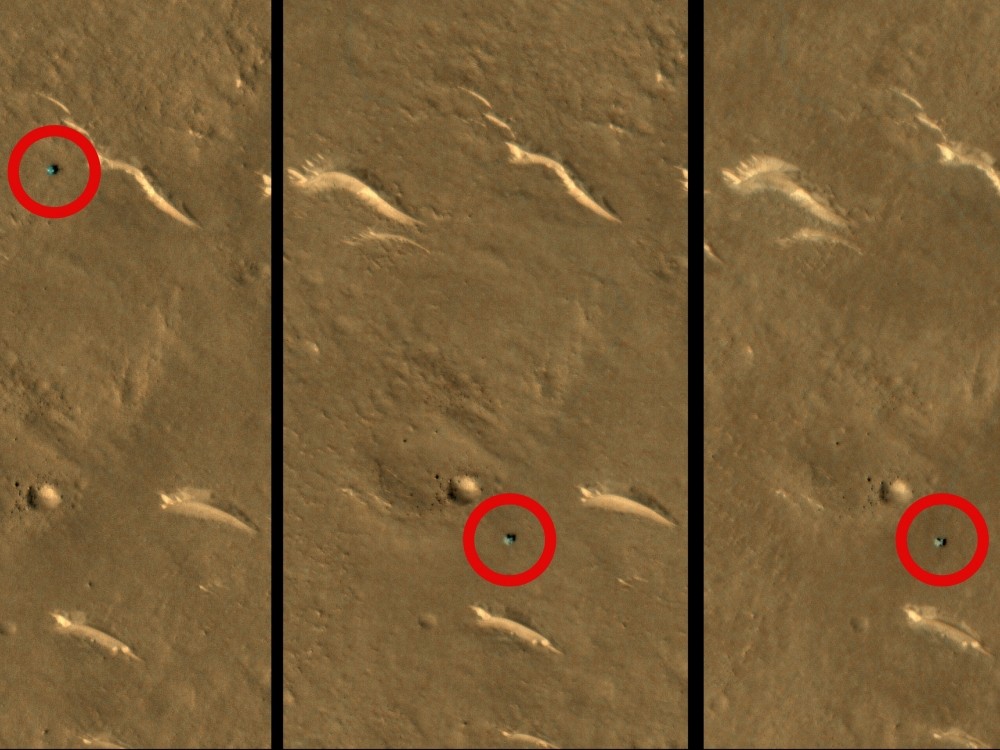 미 항공우주국 MRO 고해상도 카메라(HiRise)가 포착한 중국 주룽의 모습. (왼쪽부터) 2022년 3월 11일, 9월 8일, 올해 2월 7일 촬영됐다. 미 항공우주국(NASA)/JPL-칼텍/애리조나대학교