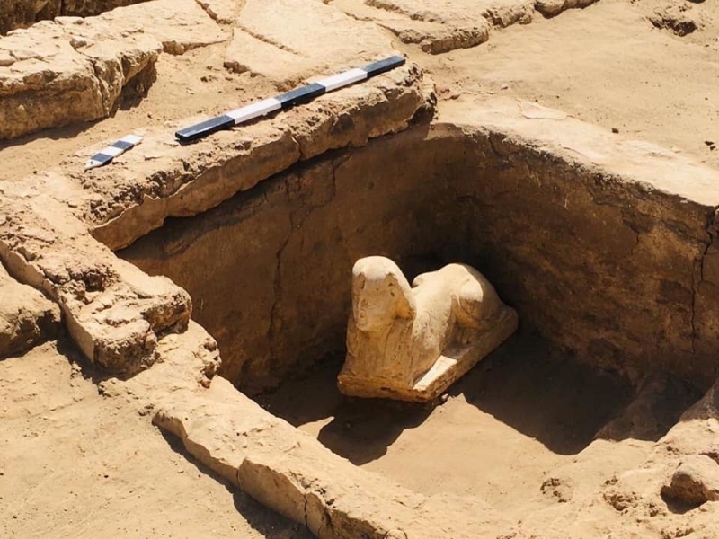 이집트 남부에서 발견된 석회암 스핑크스. 사진=이집트 고대유물부 페이스북