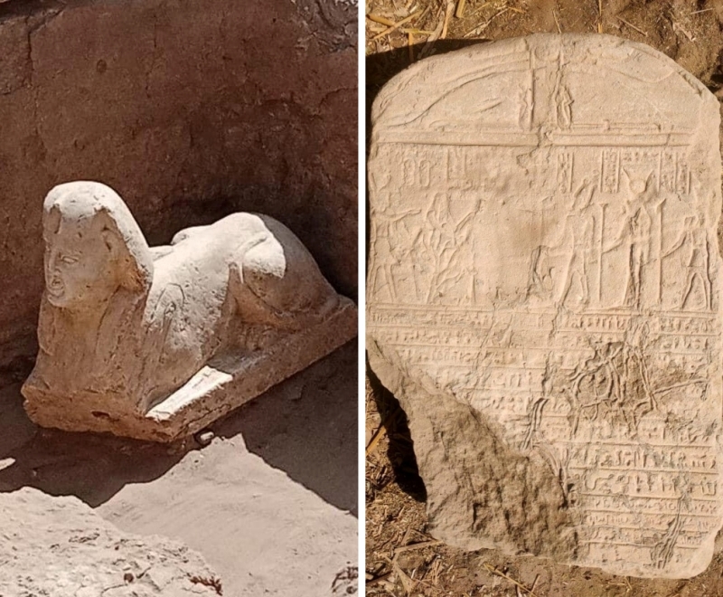 이집트 남부에서 발견된 석회암 스핑크스와 상형 문자가 새겨진 로마 시대 석판. 사진=이집트 고대유물부 페이스북