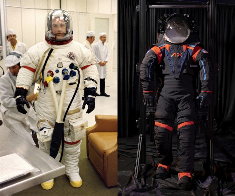 아폴로 미션 우주복을 입고 있는 데이비드 스코트 우주비행사(왼쪽)와 아르테미스 미션 우주복 시제품. 사진=미 항공우주국(NASA)/액시엄스페이스