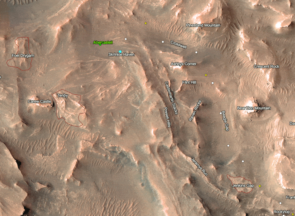 Rover Perseverance (orange path) and small helicopter Ingenuity (green path) are shown as examples of routes that climbed the delta.  Photo = NASA/JPL-Caltech