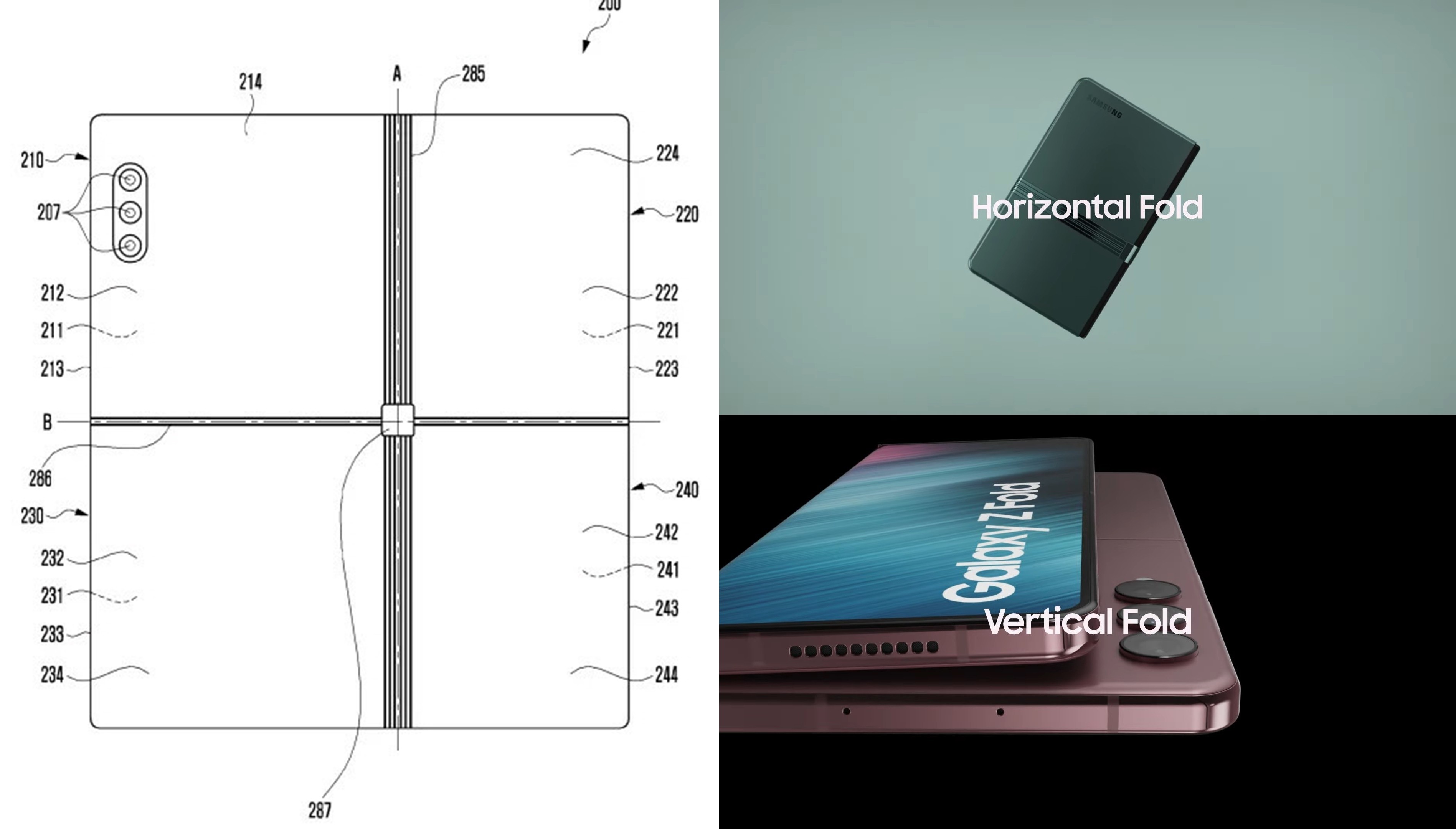 (왼쪽)삼성전자가 출원한 특허문서 일부. (오른쪽)삼성전자 특허를 기반으로 제작한 '갤럭시Z 멀티폴드' 예상 이미지. 사진=WIPO/테크니조 콘셉트 유튜브 영상 갈무리