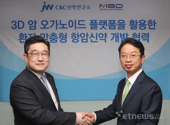 박찬희 C&amp;C신약연구소 대표(사진 왼쪽)와 구보성 엠비디 대표가 MOU 체결 후 기념촬영을 하고 있다.