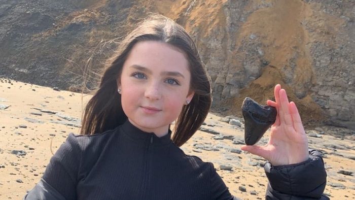 360만년 전 멸종한 고대 육식상어 ‘메갈로돈’ 이빨을 발견한 영국의 12세 소녀 시드니 루트. 사진=소피 프리스톤