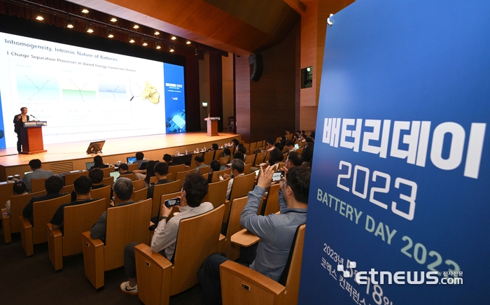 지난해 열린 전자신문 '배터리데이 2023'에서 김기헌 삼성SDI 부사장이 'Lead to Battery R&D Paradigm Shift with Computers, Mathematics and Data Intelligence'를 주제로 발표하고 있다. 김민수기자 mskim@etnews.com