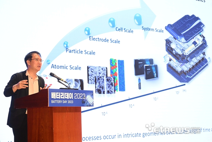 K-배터리산업을 조망하는 ‘배터리데이 2023’이 서울 강남구 코엑스에서 열렸다. 김기헌 삼성SDI 부사장이 ‘Lead to Battery R&amp;D Paradigm Shift with Computers, Mathematics and Data Intelligence’를 주제로 발표하고 있다. 김민수기자 mskim@etnews.com