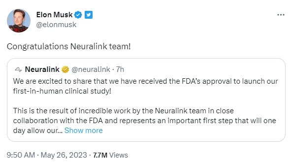 Tesla CEO Elon Musk congratulates Neuralink on the announcement of FDA approval for human trials.  Photo = Elon Musk/Neuralink Twitter capture