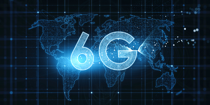Global wireless and high speed internet connection concept with digital glowing 6g symbol on world map technological background.