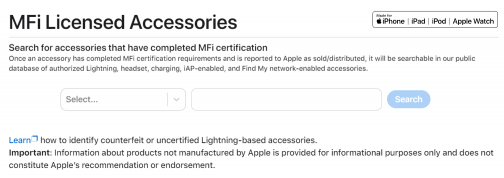 애플 MFi 라이선스 액세서리 검색 웹페이지 / 출처:Apple